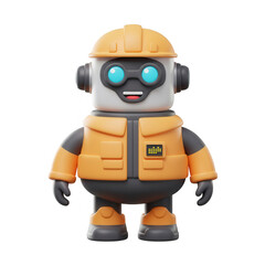 3D Render Construction Robot Cartoon Character Wearing Hard Transparent Background Hat And Vest