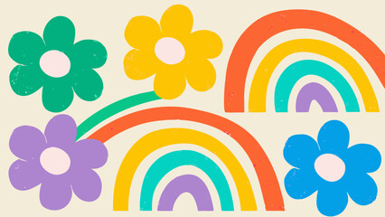 Illustration of colorful flowers in green yellow blue and purple with rainbow arches design art