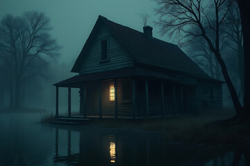 Eerie House by the Lake at Night with a Single Light Illuminating a Window in a Gloomy and Atmospheric Scene