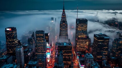 AI-generated fog-covered night skyline with illuminated skyscrapers in a bustling city - Powered by Adobe