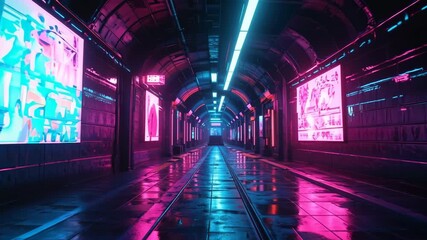 AI-generated futuristic neon-lit tunnel with glowing advertisements and wet reflective floor - Powered by Adobe