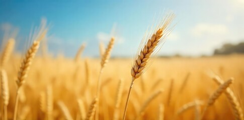 Fototapeta premium Golden Wheat Field Swaying Gently in Summer Sunlight A Serene Rural Landscape Perfect for Backgrounds, Textures, and Food-Related Designs