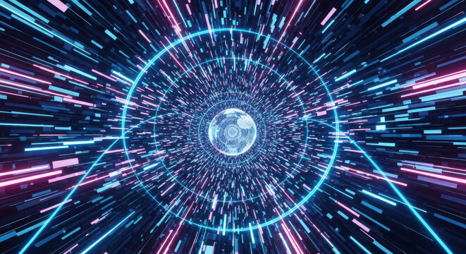 Futuristic Digital Tunnel with Glowing Blue and Pink Lines and Earth Globe technology abstract