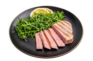 Succulent grilled tuna steak, showcasing vibrant color and rich taste, perfect for summer barbecues and elegant dinners. isolated on white background. top view