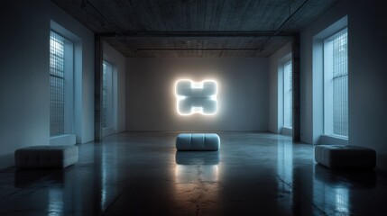 Fototapeta premium Cold gray room with a single illuminated sculpture 