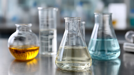Various laboratory beakers with colorful liquids on a table.