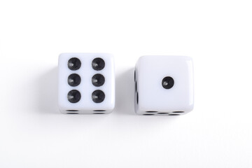 Two white dice isolated on white background, top view