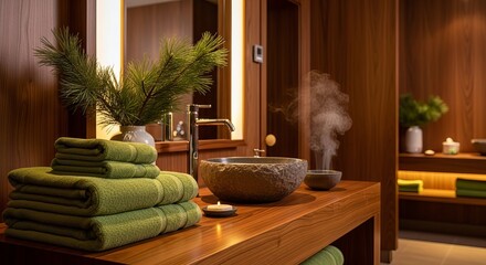 A tranquil bathroom scene featuring green towels, stone sink, and aromatherapy diffuser with steam rising