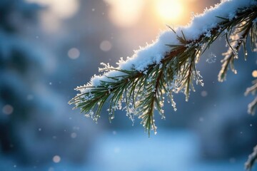 Intricate snowflakes delicately clinging to a frosty pine branch, bathed in soft winter sunlight A picturesque scene of serene winter beauty , frozen, snowfall