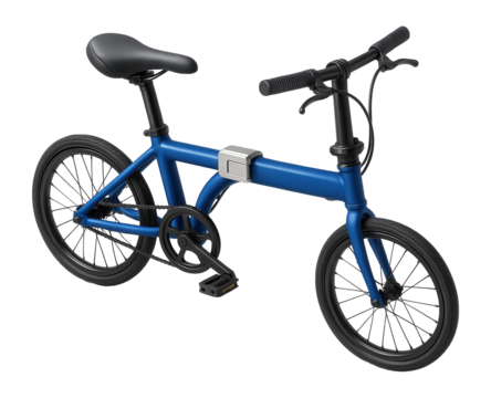 Folding bicycle with a blue frame and a magnet clip to secure folded position - Powered by Adobe