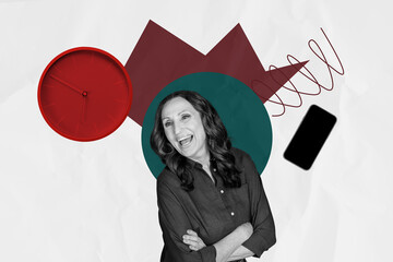 Pop creative collage of person stand crossed hands with clock gadget over white color background