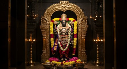 Tirupati Balaji Idol in Dimly Lit Temple Alcove