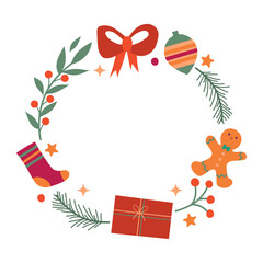 Festive Christmas Wreath Vector Illustration with Ornaments. Playful gingerbread man, holiday socks, ornaments, and gift box. Perfect for festive holiday designs and seasonal greetings.