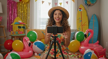Naklejka premium Young woman recording video in party room