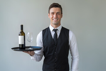 Waiter with a tray on which there is a bottle of wine and an empty glass.