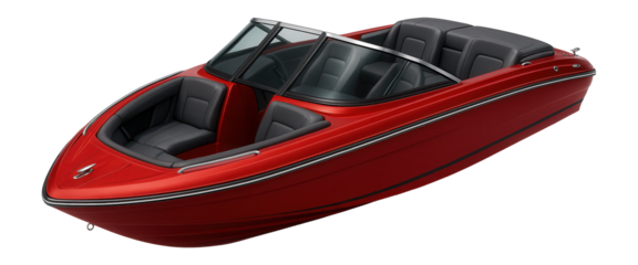 Dual console runabout with a sleek red exterior and tinted windshield