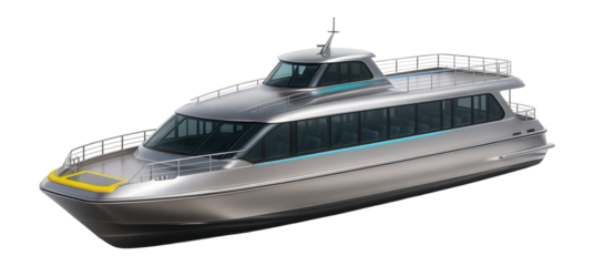 Luxury car ferry with glass-enclosed passenger lounges and polished metal finish