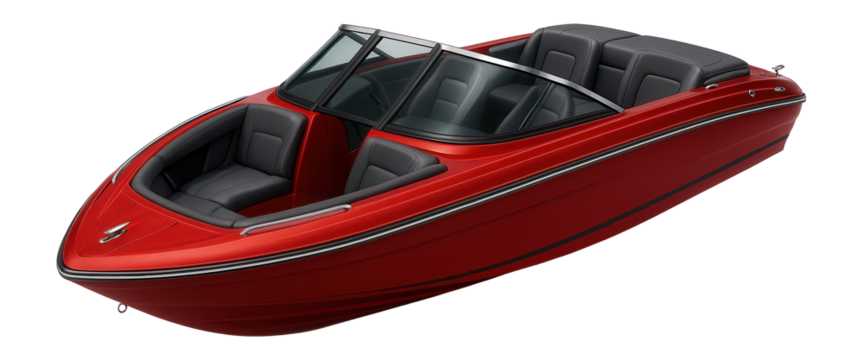 Dual console runabout with a sleek red exterior and tinted windshield