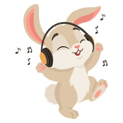 Vector illustration in a simple children's style. A cute rabbit on a white background listens to music with headphones and dances. Vector illustration