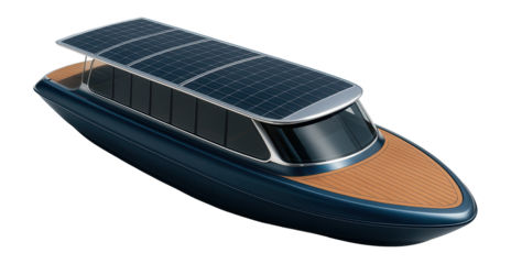 Electric-powered sightseeing vessel with solar panels and a sleek design