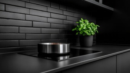 Modern Kitchen with Black Brick Wall and Potted Plant on Minimalist Countertop Surface