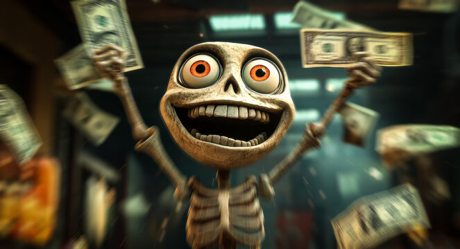 A cartoon skeleton sporting a massive grin holds money in both hands, playful floating bills surrounding it to create a whimsical and humorous image of fortune.