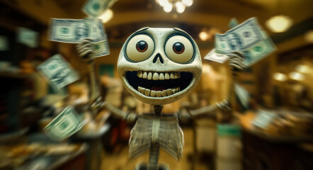A cartoon skeleton sporting a massive grin holds money in both hands, playful floating bills surrounding it to create a whimsical and humorous image of fortune.