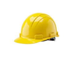 Bright yellow hard hat with black visor on white background, minimalist style, symbol of safety, construction work, and industrial protection.