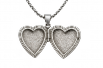 Heart-shaped locket dangling on delicate silver chain, transparent backdrop highlighting elegant jewelry design element
