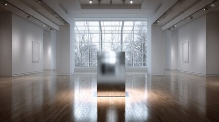 Polished chrome podium in a light-flooded minimalist gallery