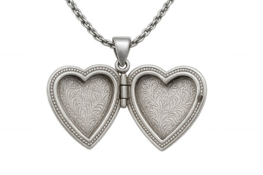 Heart-shaped locket dangling on delicate silver chain, transparent backdrop highlighting elegant jewelry design element