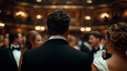 Fototapeta premium Elegant Evening Gala with Well-Dressed People in a Lavish Theater Setting