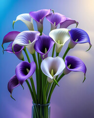 Close-up of a bouquet of purple and white calla lilies, vibrant green stems, with a soft blurred gradient background