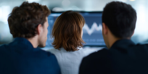 Business team analyzing market trends together, focused on data, teamwork, collaboration, and strategy