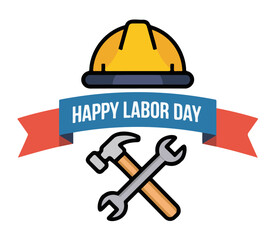 Happy Labor Day Greeting Hard Hat and Tools Vector Icon
