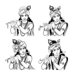 Lord Krishna Playing Flute Vector Set Hindu God Line Art Illustration  © Shahid3383