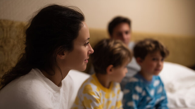 Family relaxing together in cozy hotel room, joyful evening, parents and children bonding, warm lighting, casual atmosphere