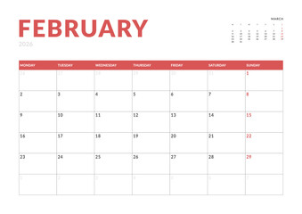 Monthly page Calendar Planner Template design of February 2026. Vector layout of calendar with week start Monday for Scheduling. Page for size A4 or 21x29.7 cm