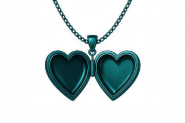 Teal metal heart-shaped locket dangling from delicate silver chain, resting against transparent backdrop, highlighting elegant romantic jewelry design
