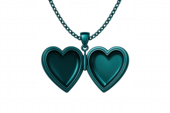 Teal metal heart-shaped locket dangling from delicate silver chain, resting against transparent backdrop, highlighting elegant romantic jewelry design