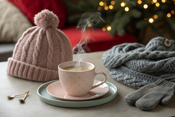 Steaming coffee cup with pink knitted hat and grey scarf and mittens drink