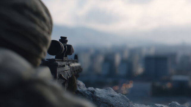 Sniper aiming rifle from high rise ruins overlooking cityscape, tense atmosphere, urban warfare scene