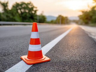 Orange traffic cone on asphalt road, dividing line, sunset, blurred background, trees on the side of the road.