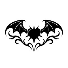 Gothic Tribal Tattoo with Bat Wings, Spiked Heart, and Curved Flame Tips – Symmetrical Black Ink Vector Illustration