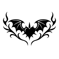 Fototapeta premium Gothic Tribal Tattoo with Bat Wings, Spiked Heart, and Curved Flame Tips – Symmetrical Black Ink Vector Illustration