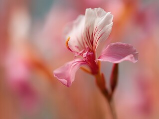 Fototapeta premium Delicate macro of pink and white flower with red veins and soft blurred background 
