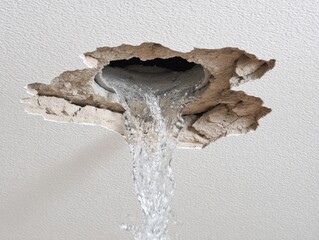 Water pours through a damaged ceiling, revealing underlying material, indicating significant water damage.