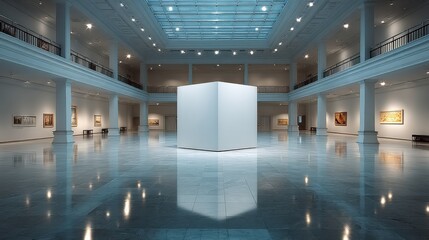 Fototapeta premium White cube podium in a quiet, open museum hall 