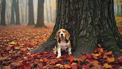 Beagle puppy in autumn park