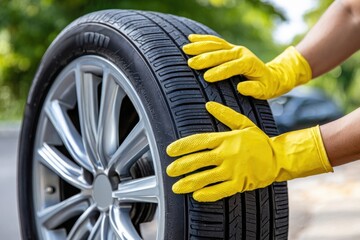 Fototapeta premium Hands in yellow gloves holding a tire, mounted on a silver rim, outside on a blurred background.